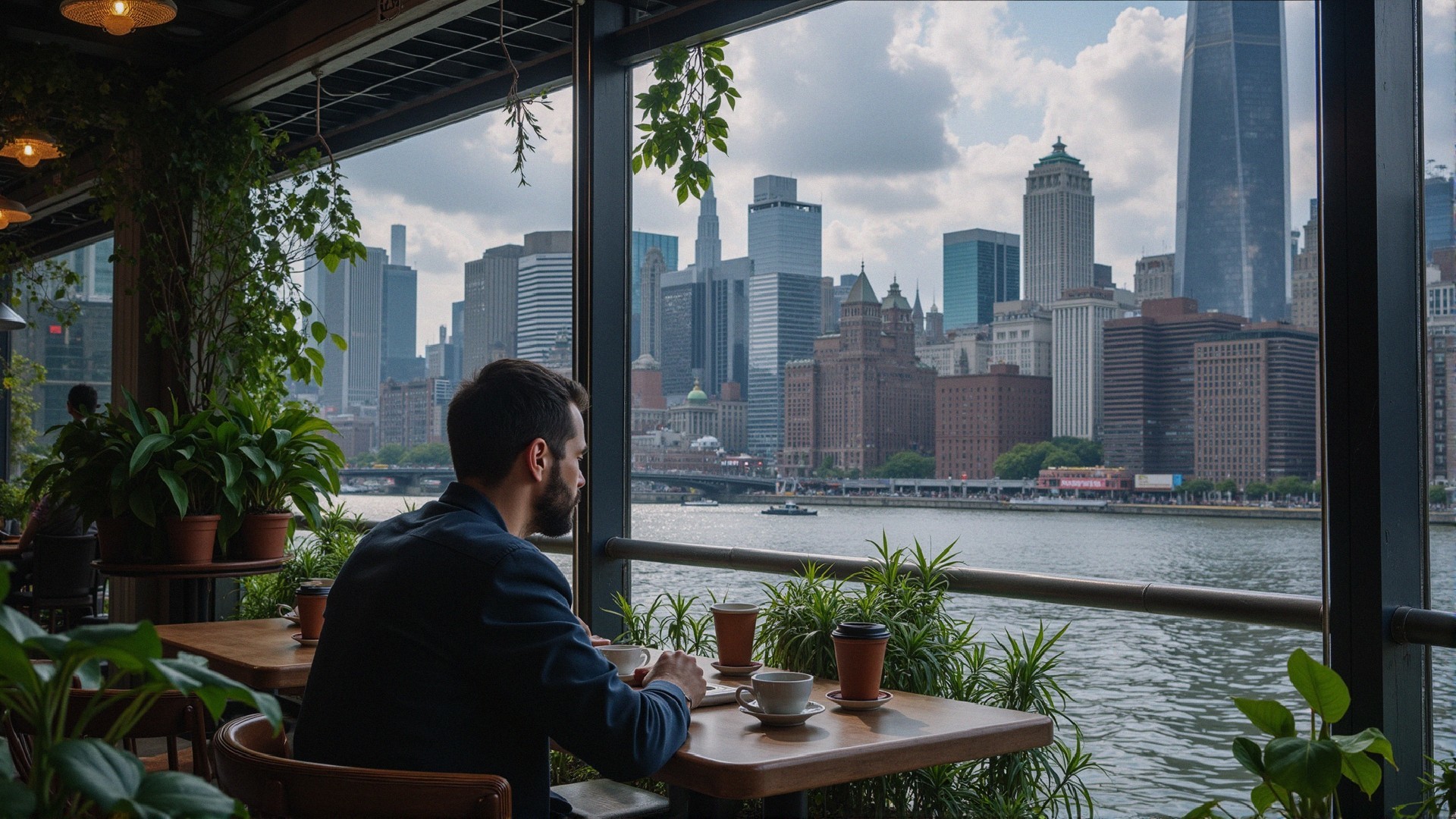 Contemplative Figure at Table with Urban Skyline View