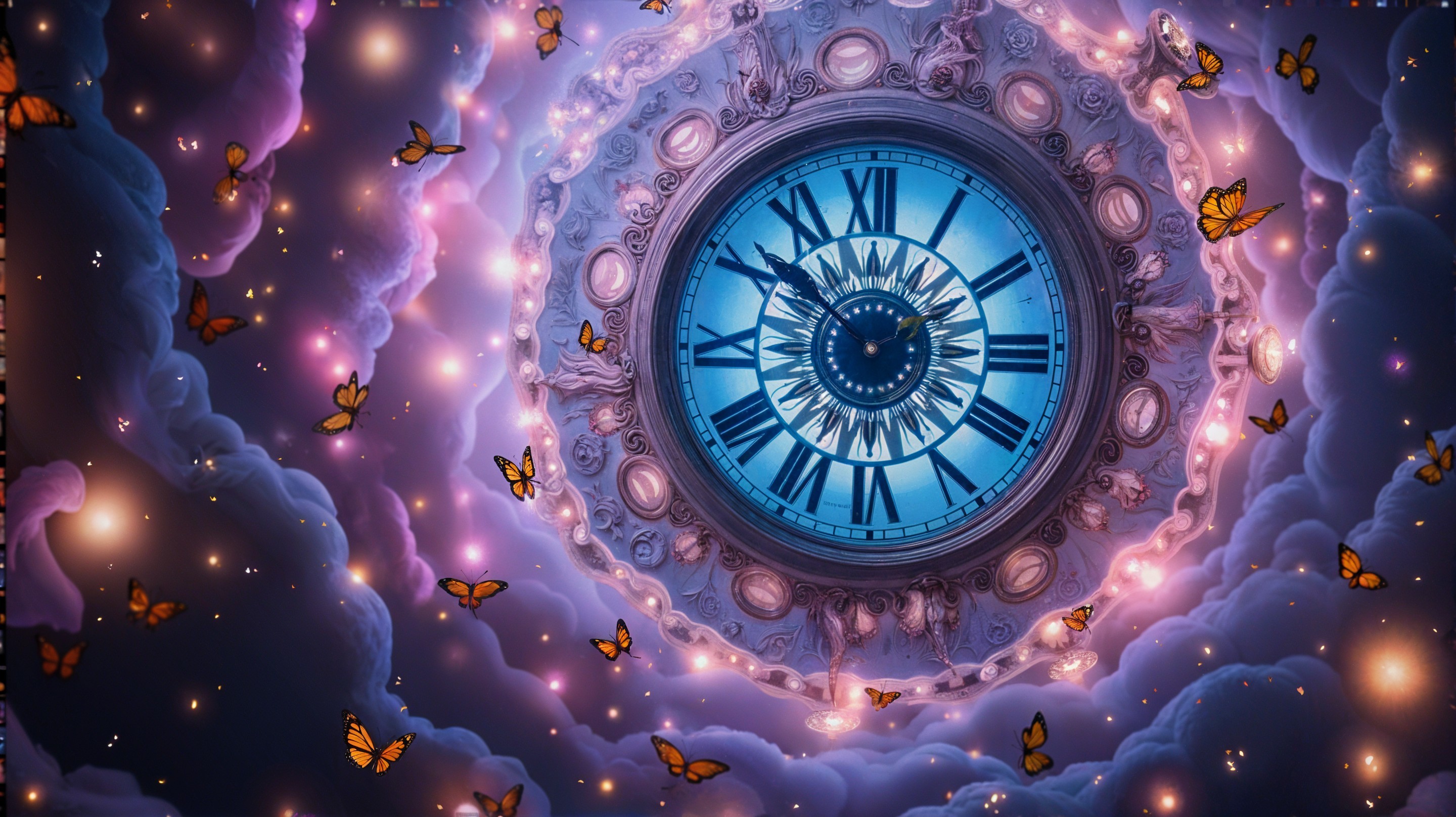 Intricate Clock Design with Dreamlike Cloud Backdrop