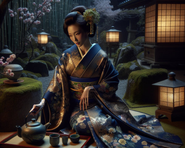 Woman in Kimono Pouring Tea in Japanese Garden