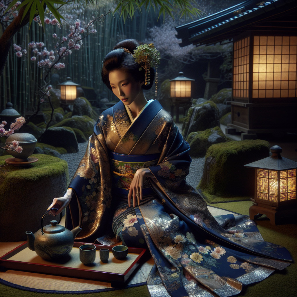 Woman in Kimono Pouring Tea in Japanese Garden