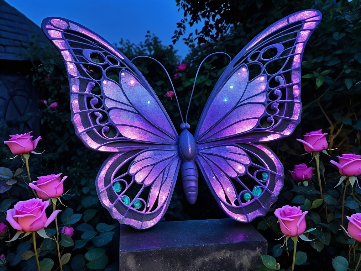 Decorative butterfly sculpture illuminated in garden setting