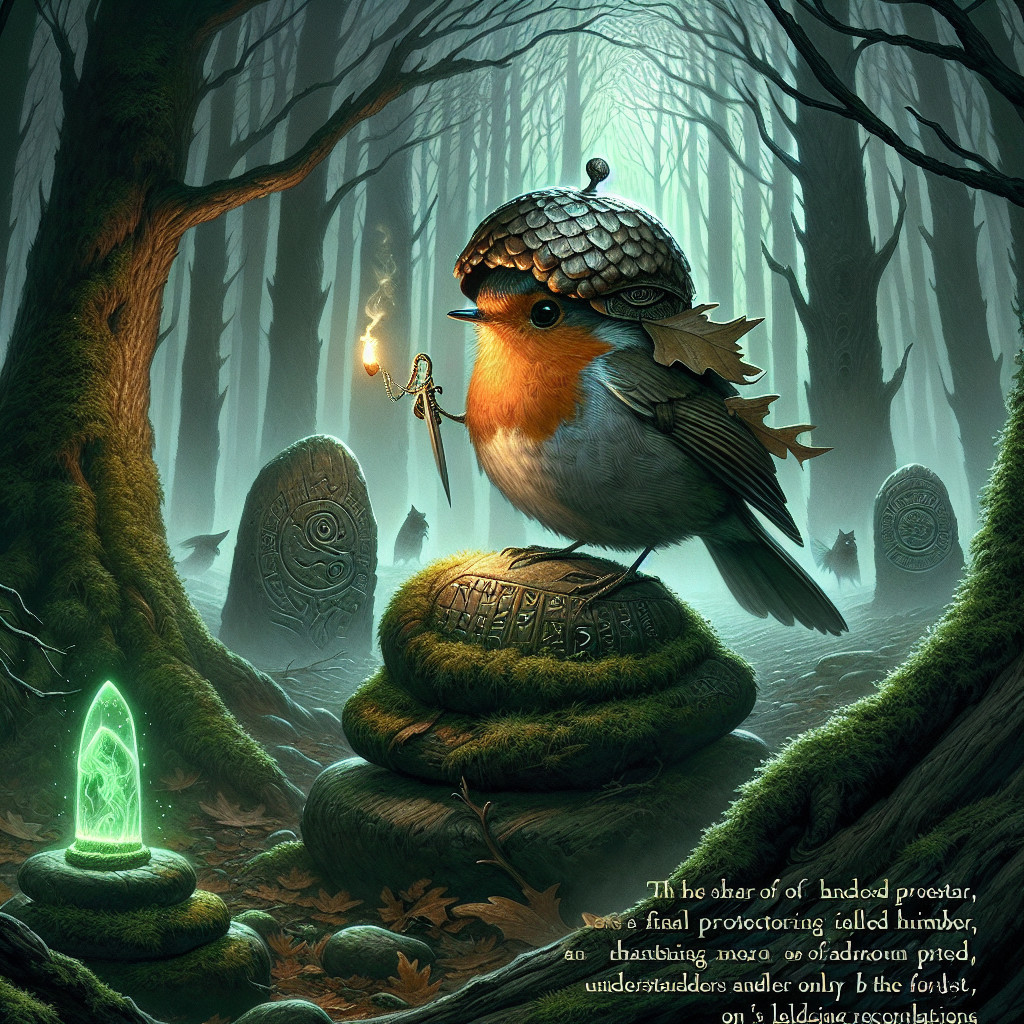 Mystical forest scene with a bird and glowing elements