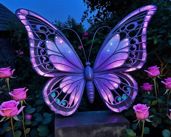 Decorative butterfly sculpture illuminated in garden setting