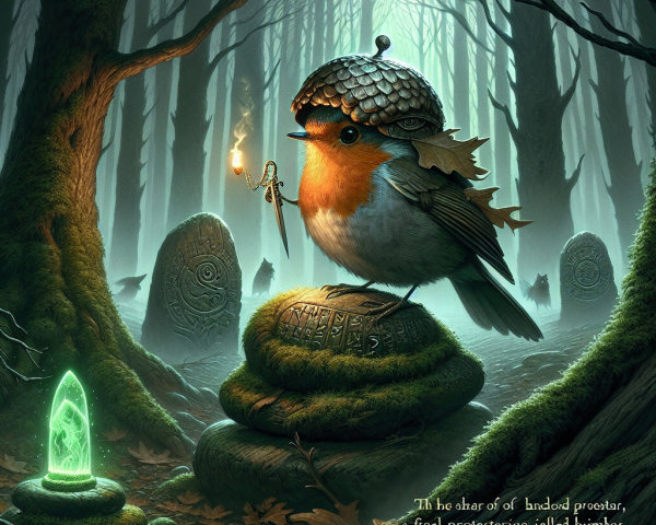 Mystical forest scene with a bird and glowing elements