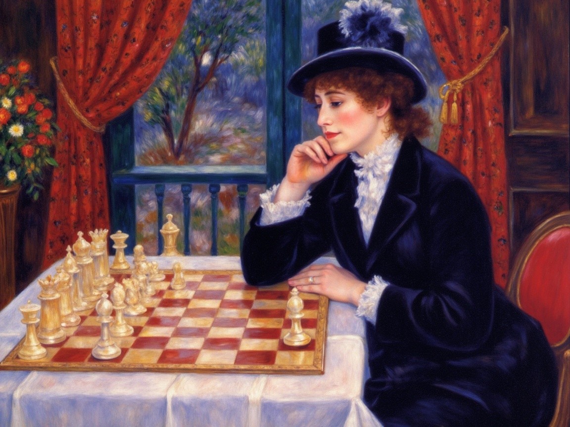 Woman in black outfit ponders chess strategy outdoors