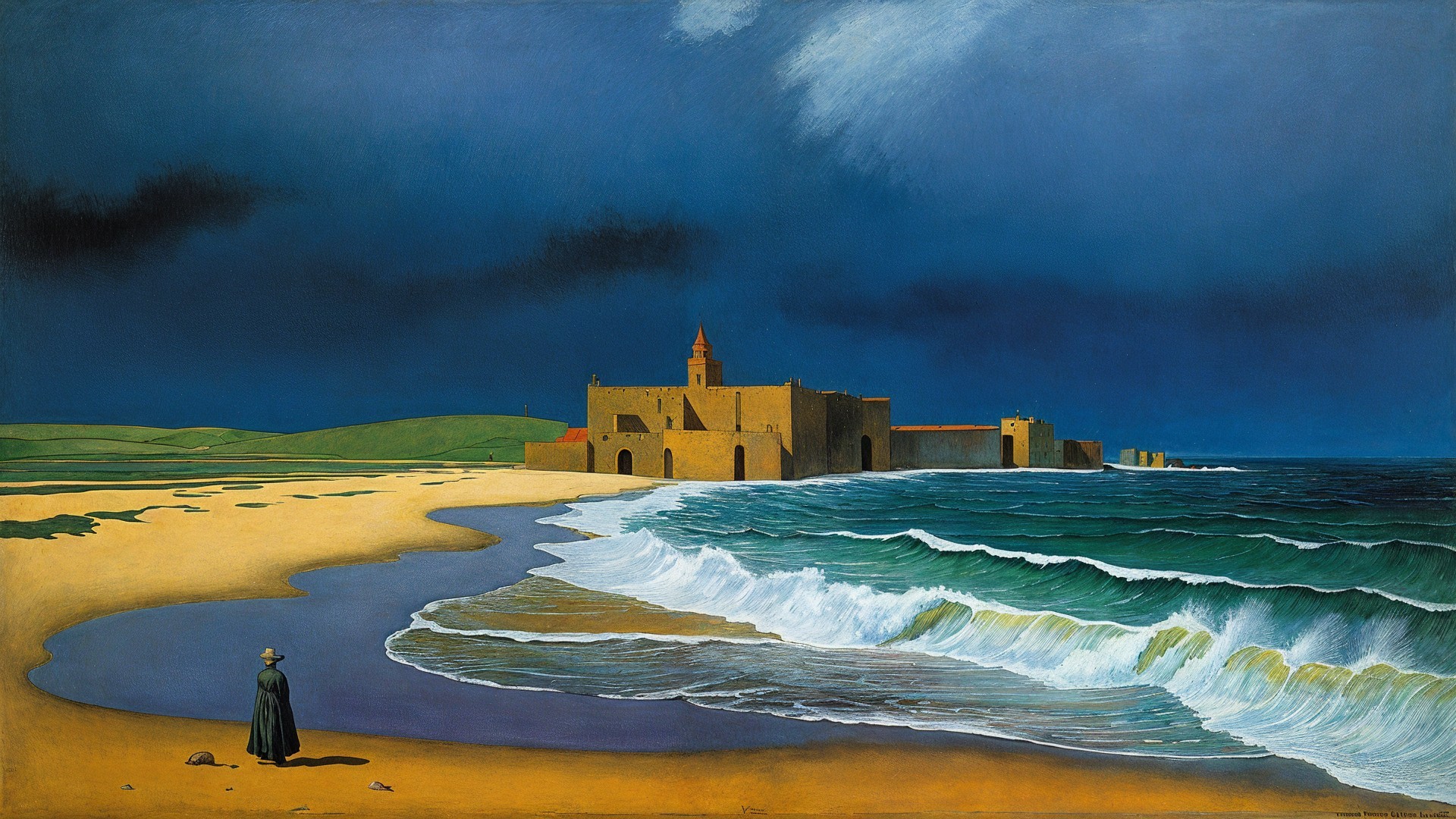 Coastal Scene with Beach, Waves, and Fortress Structure