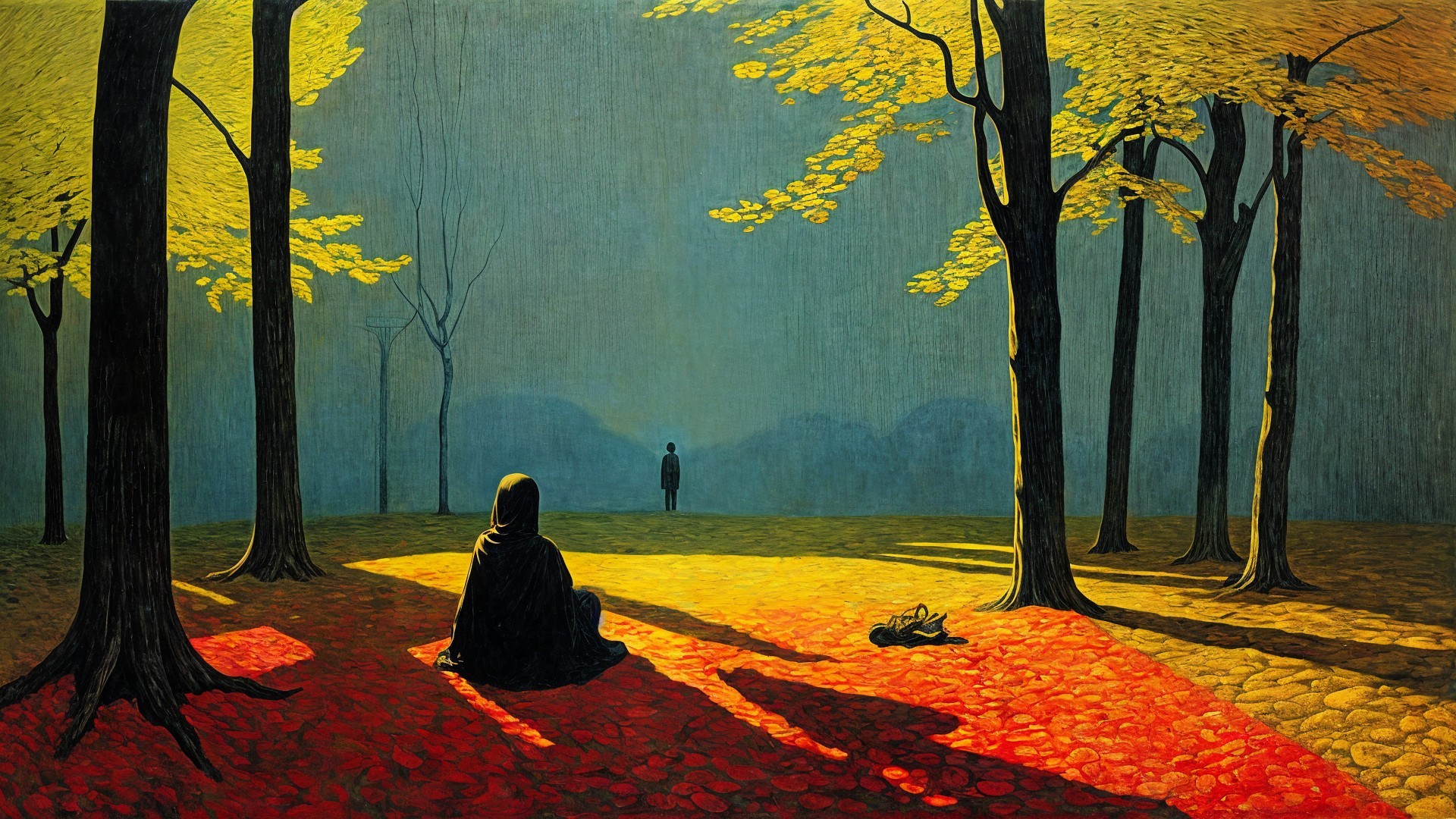 Tranquil Autumn Forest Scene with Cloaked Figure