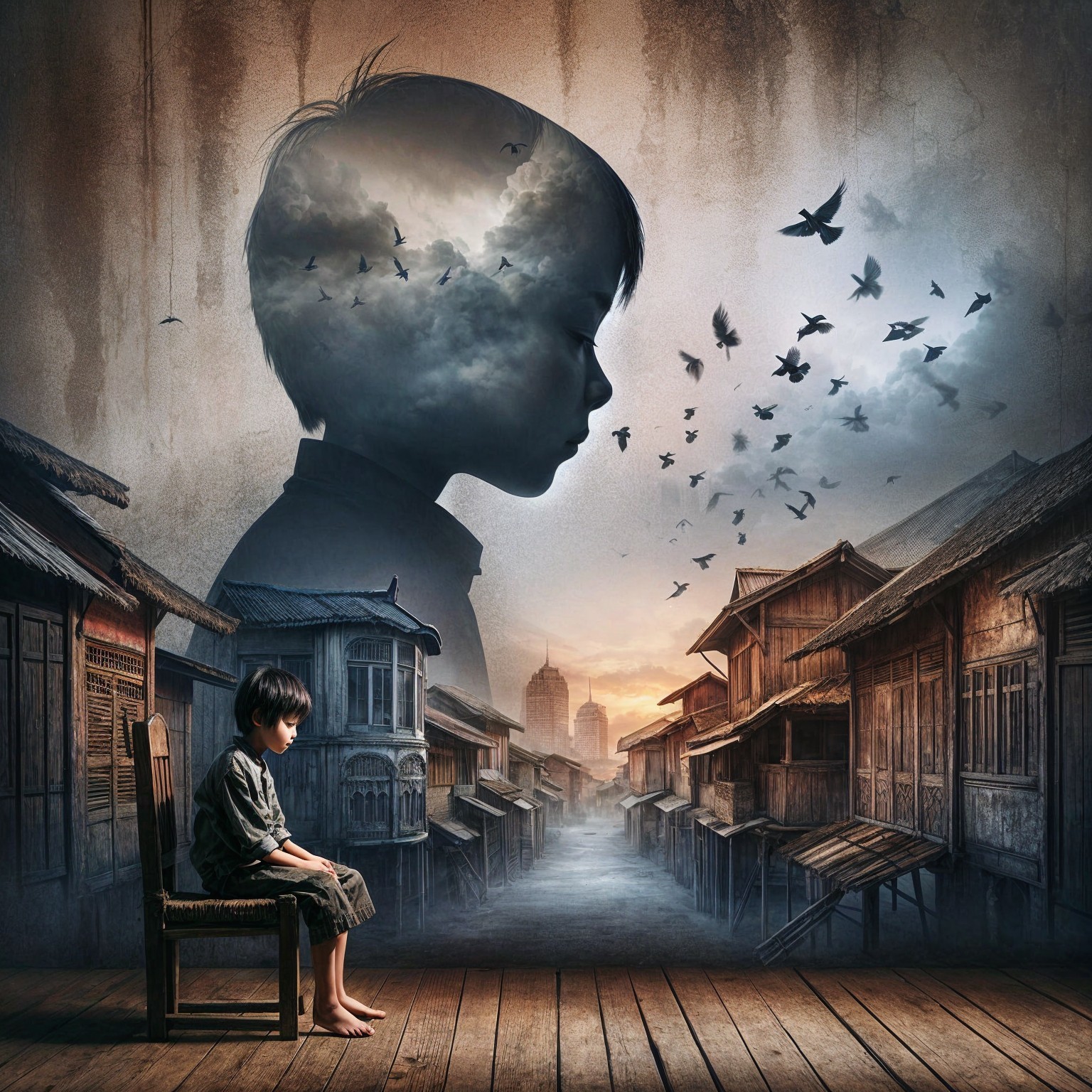 Young boy in surreal landscape with rustic buildings