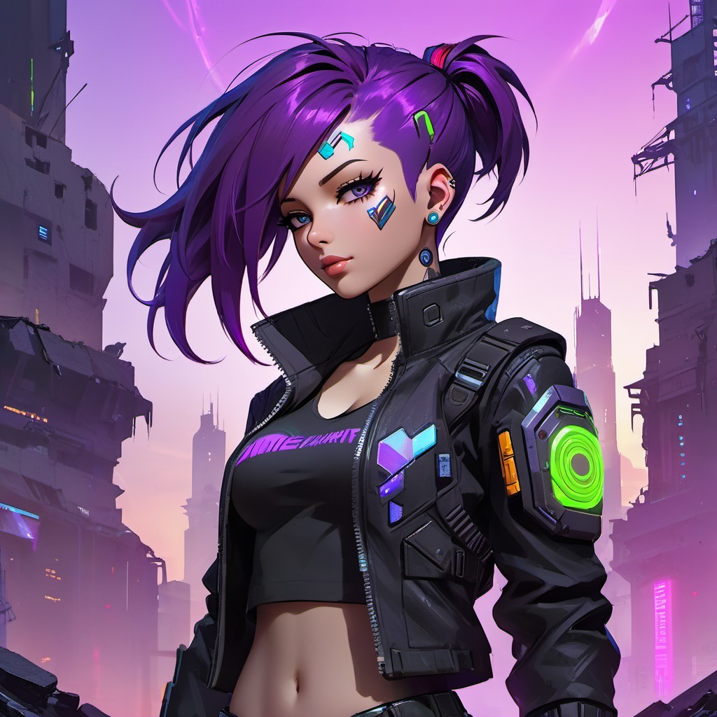 Futuristic Character in Neon Cityscape with Tattoos