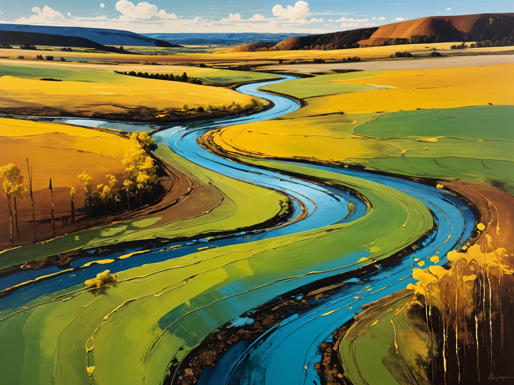 Vibrant Landscape with River and Golden Fields