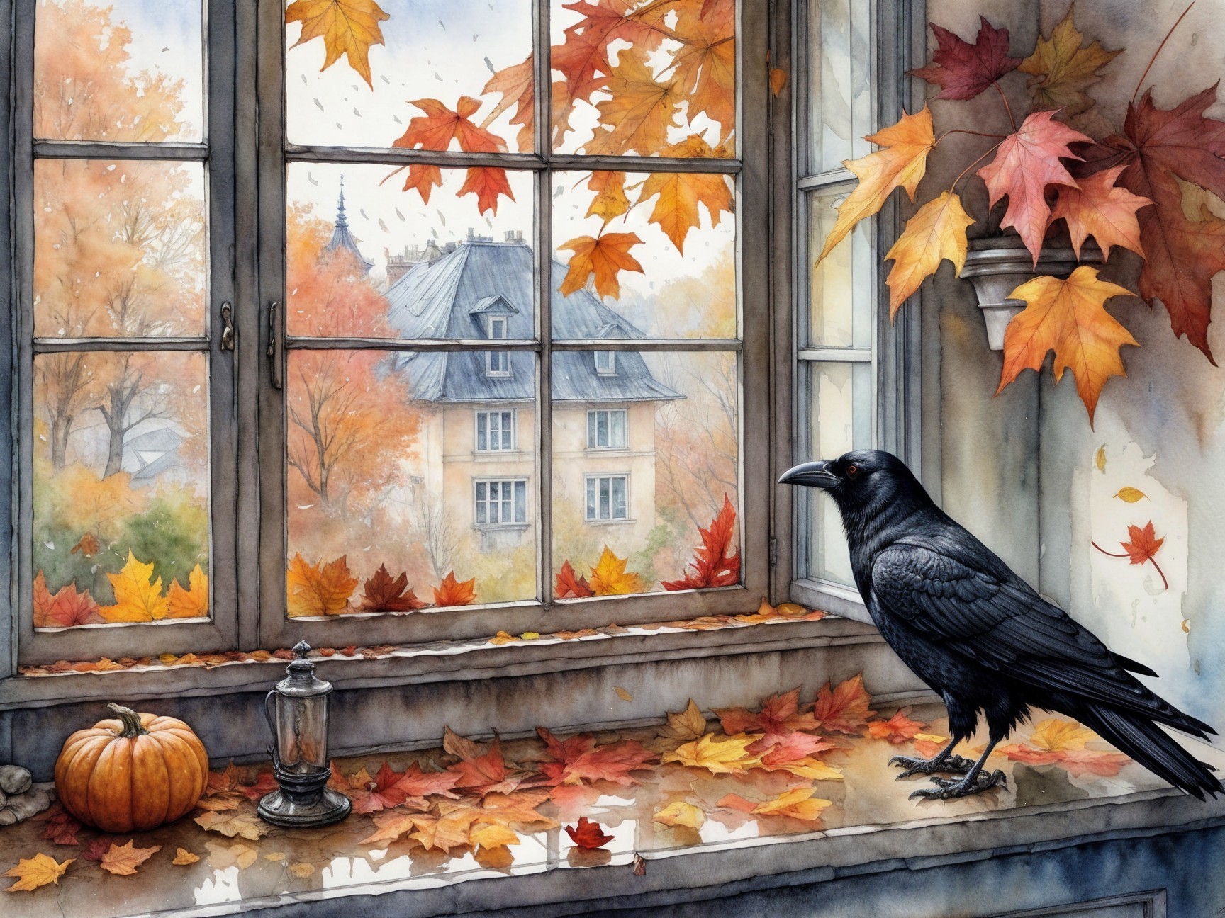 Raven on Windowsill Surrounded by Autumn Decor