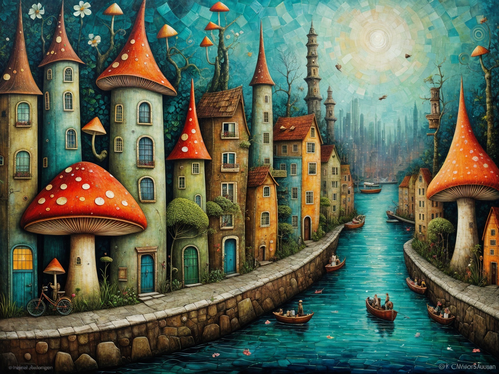 Whimsical Landscape with Colorful Buildings and River
