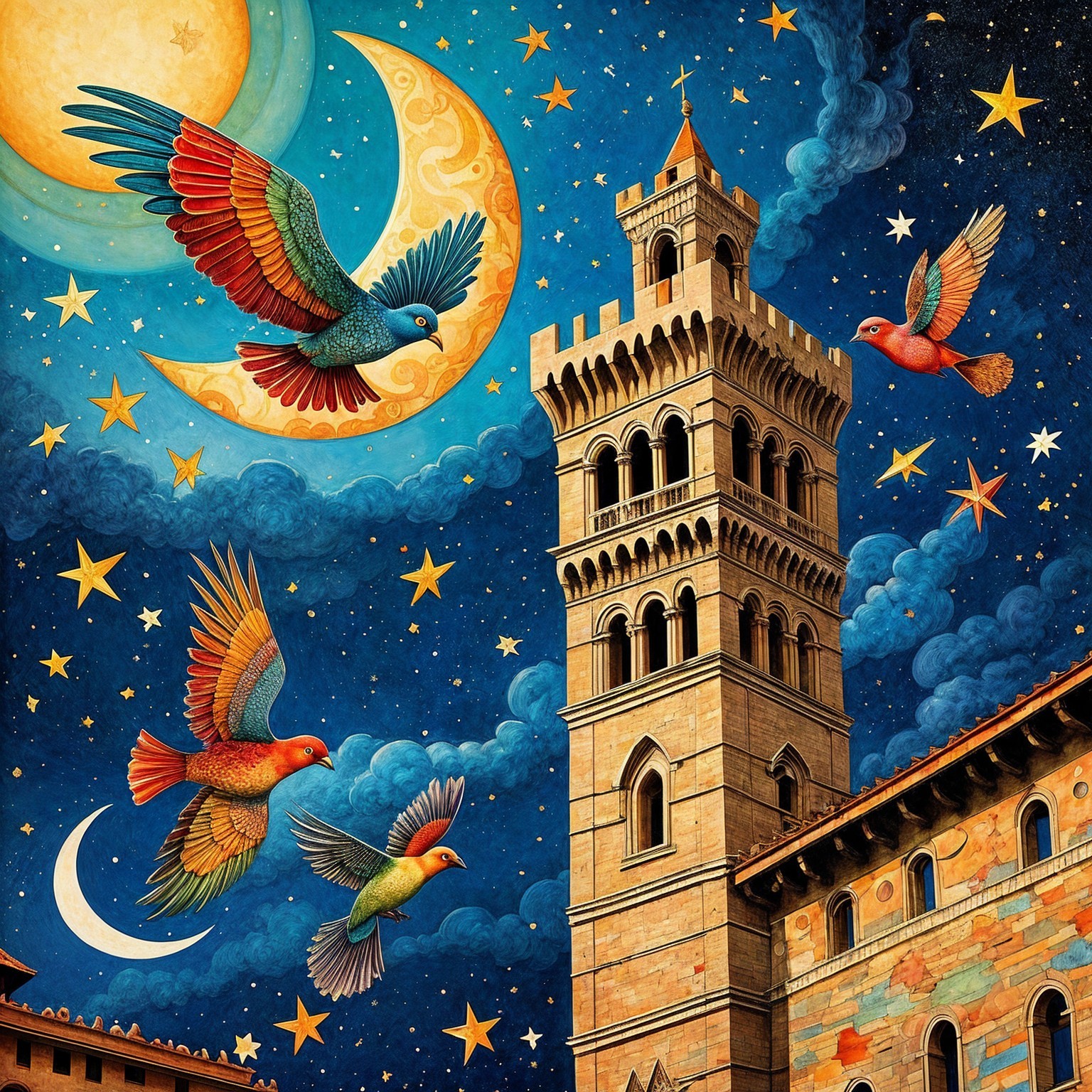 Medieval Tower Under Starry Night Sky with Birds