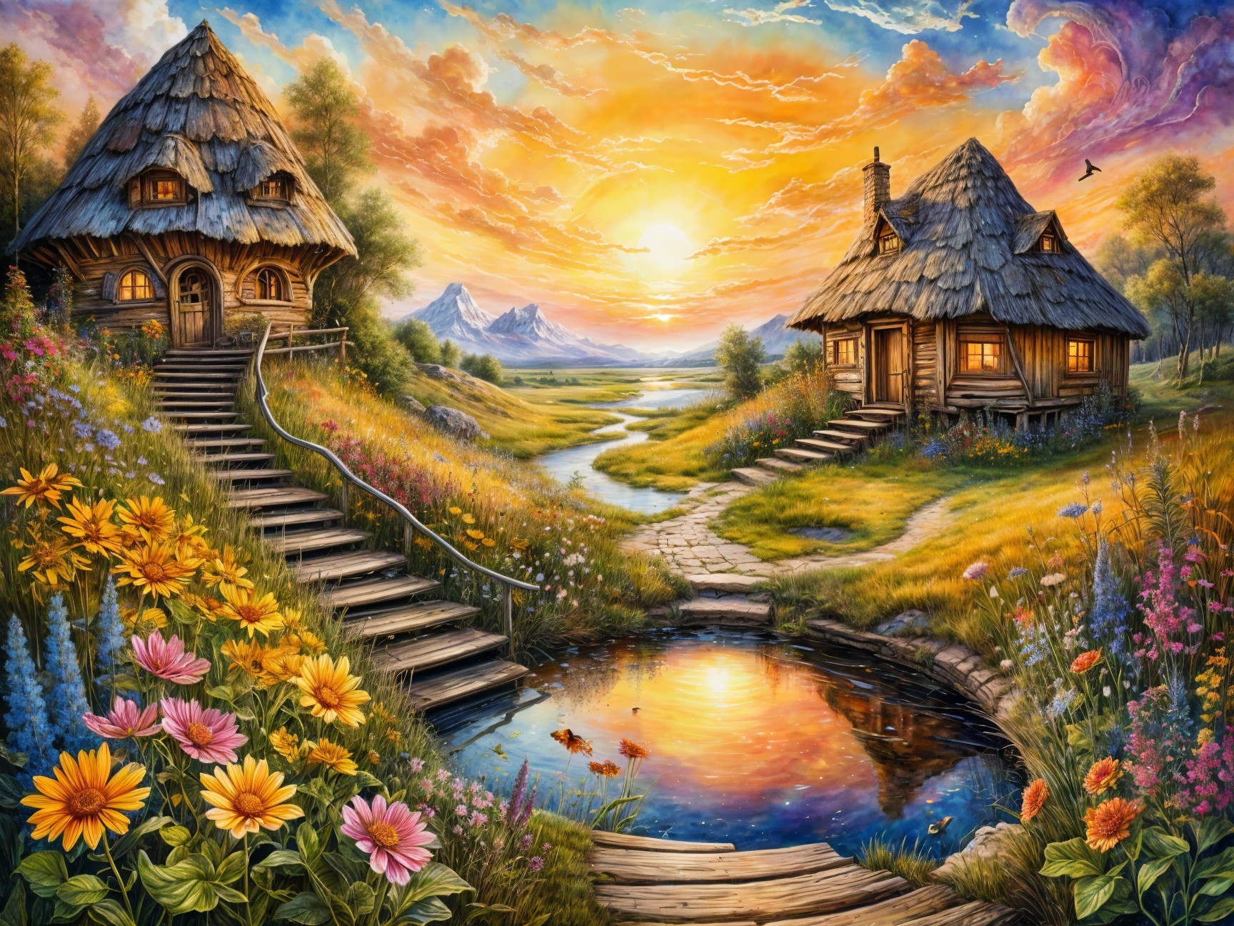 Serene Countryside Scene with Cottages and Sunset