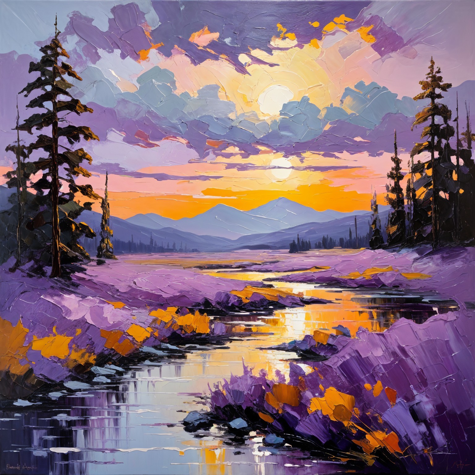 Vibrant Landscape Painting of Sunset Over River