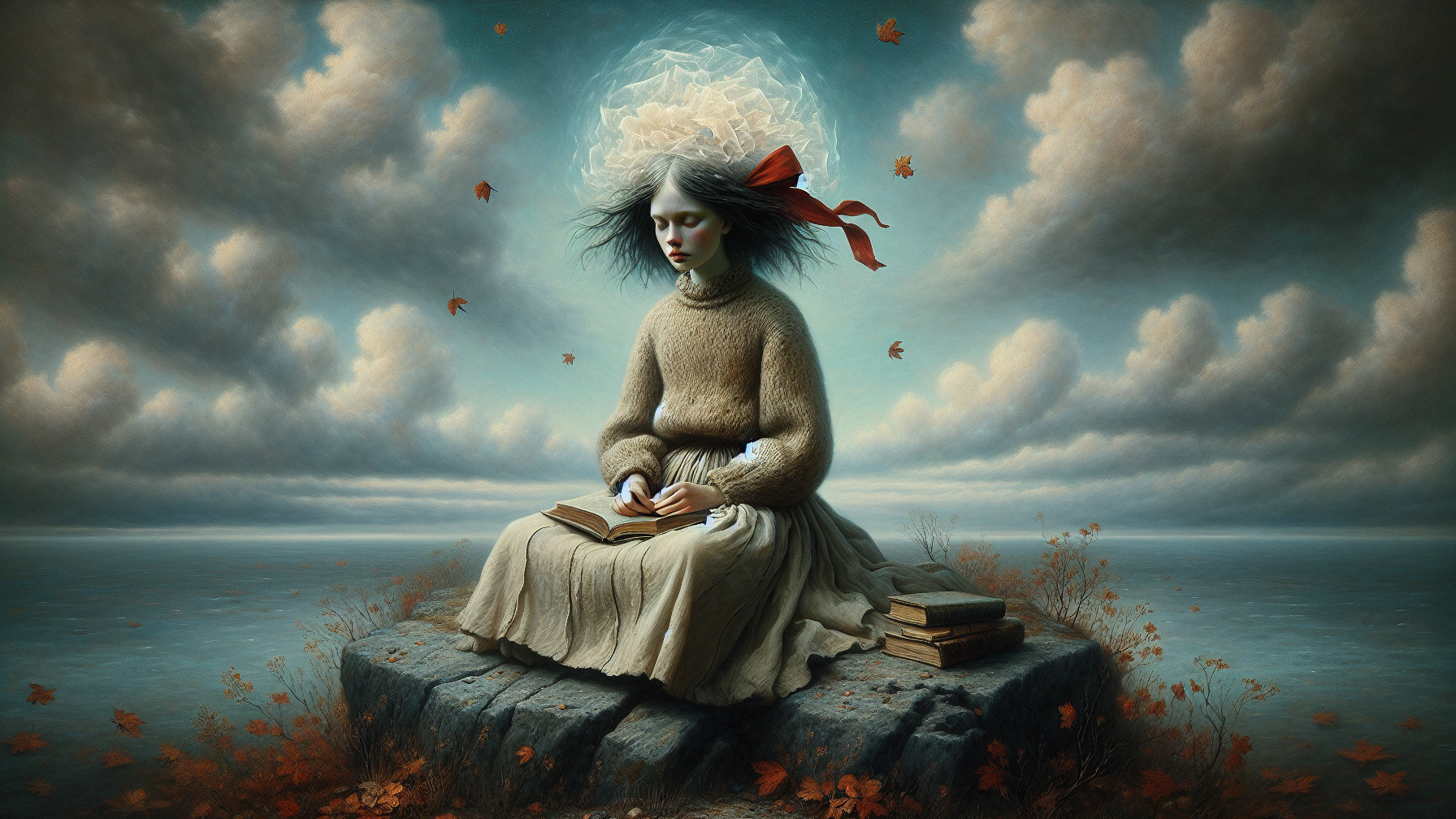 Cozy Figure Reading by Tranquil Water in Autumn