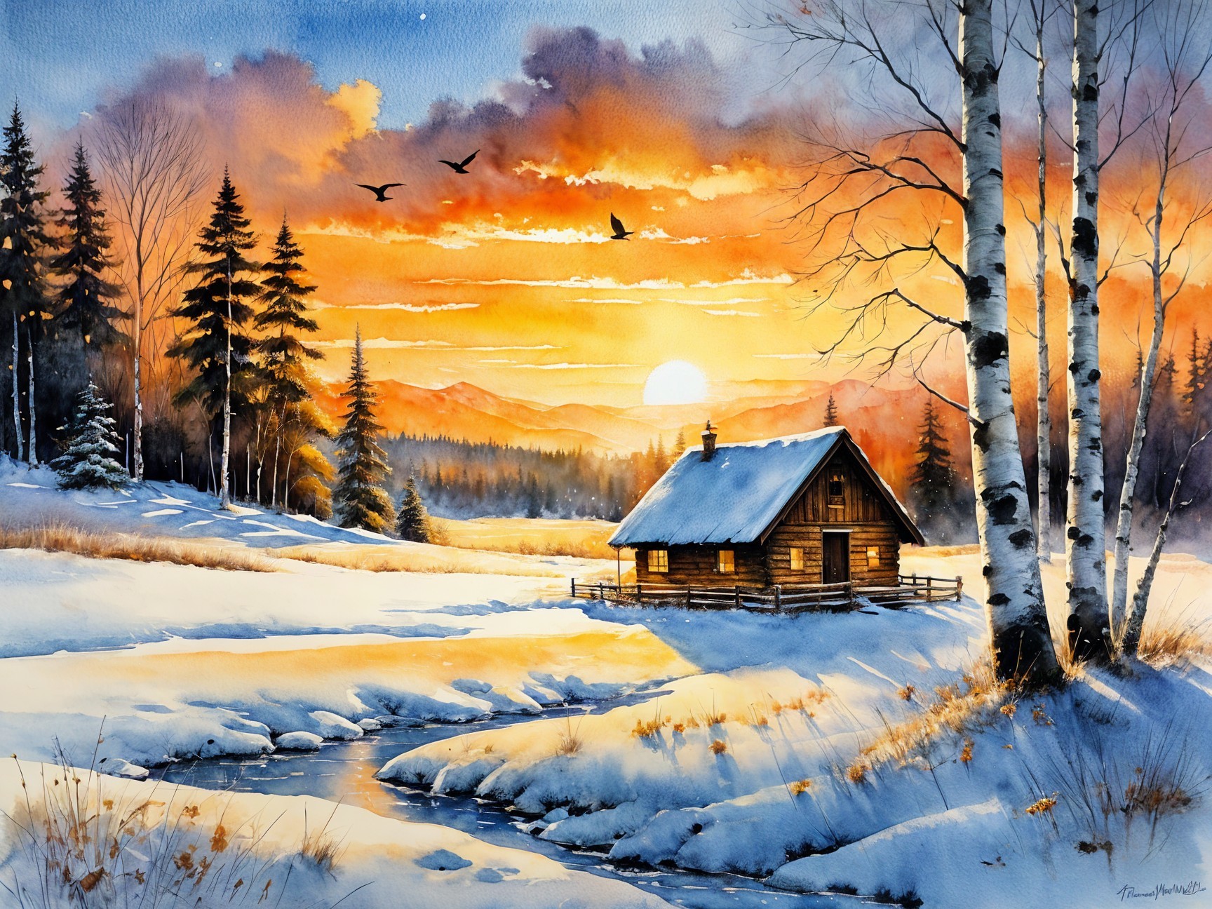 Serene Winter Landscape with Log Cabin and Stream