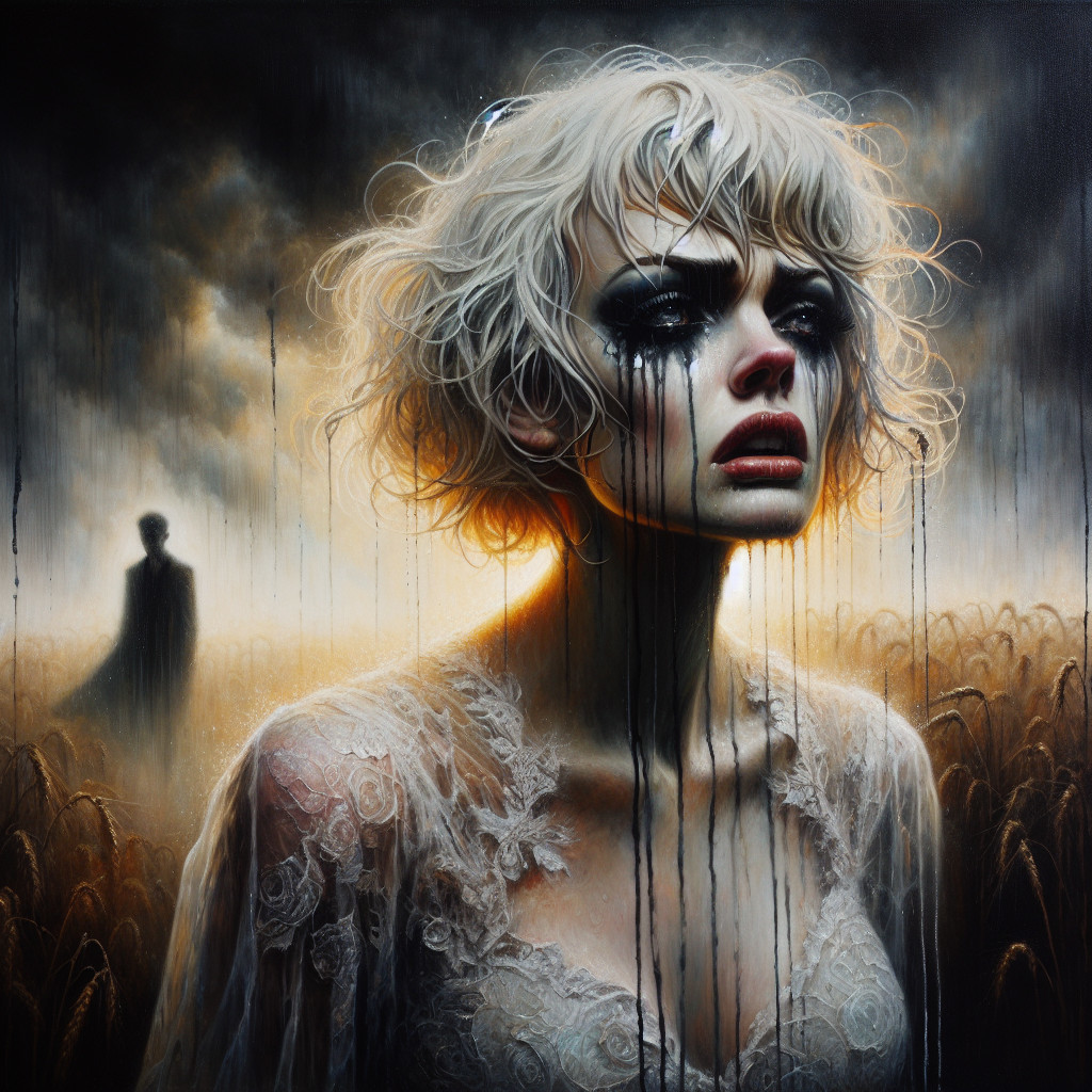 Sorrowful Woman in Lace Dress with Ghostly Figure