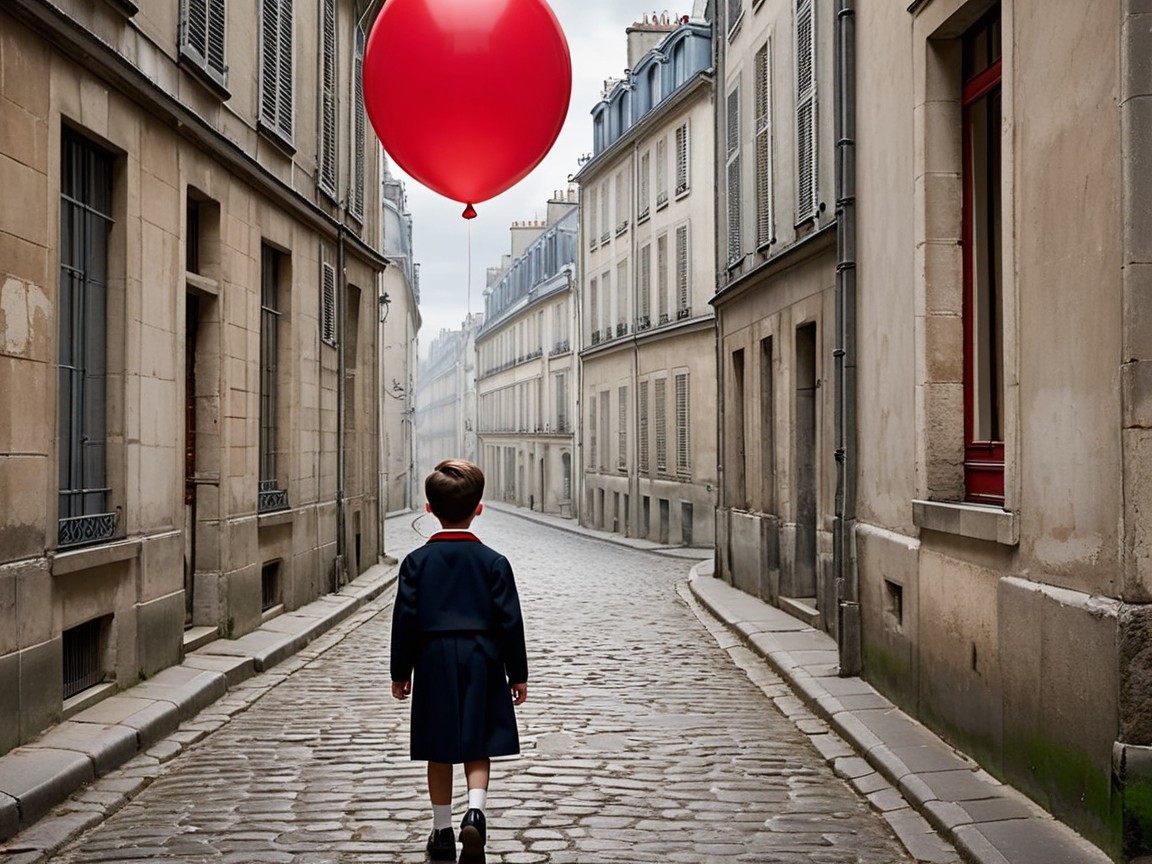 Young Boy with Red Balloon on Cobblestone Street