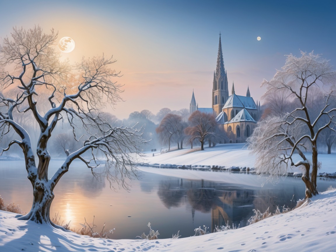 Serene Winter Landscape with Church and Tranquil Lake