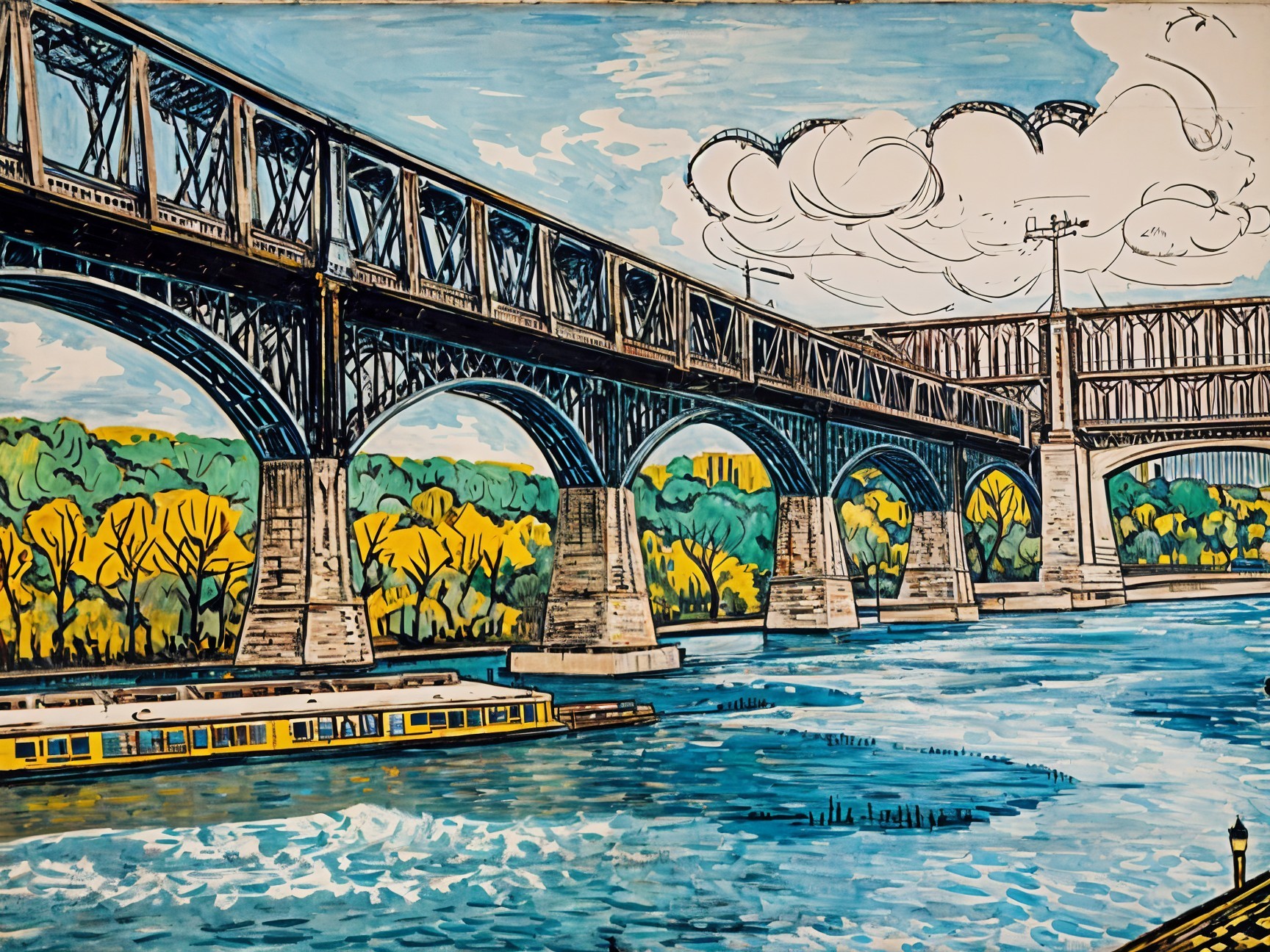 Vibrant Illustration of a Bridge Over an Autumn River