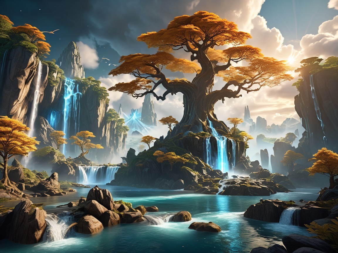 Majestic Tree in Vibrant Fantasy Landscape with Waterfalls