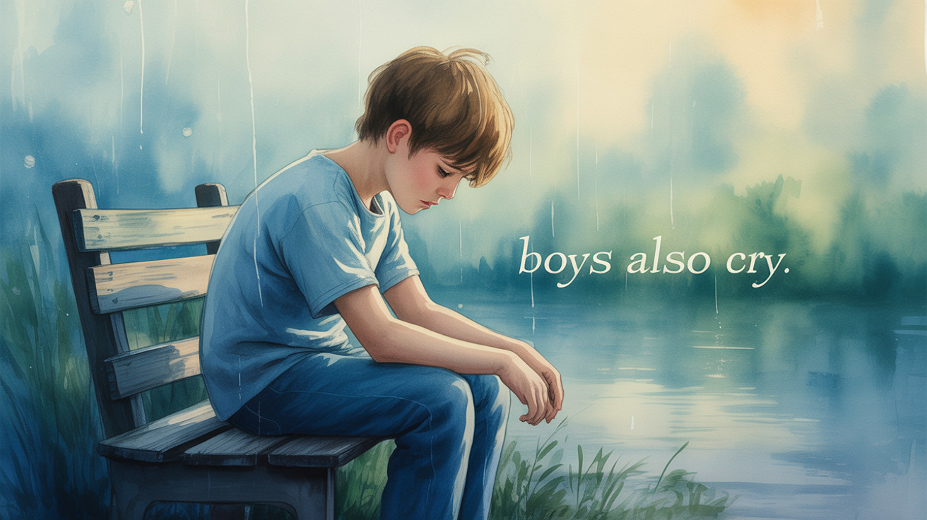 Young Boy on Park Bench in Rainy Contemplation