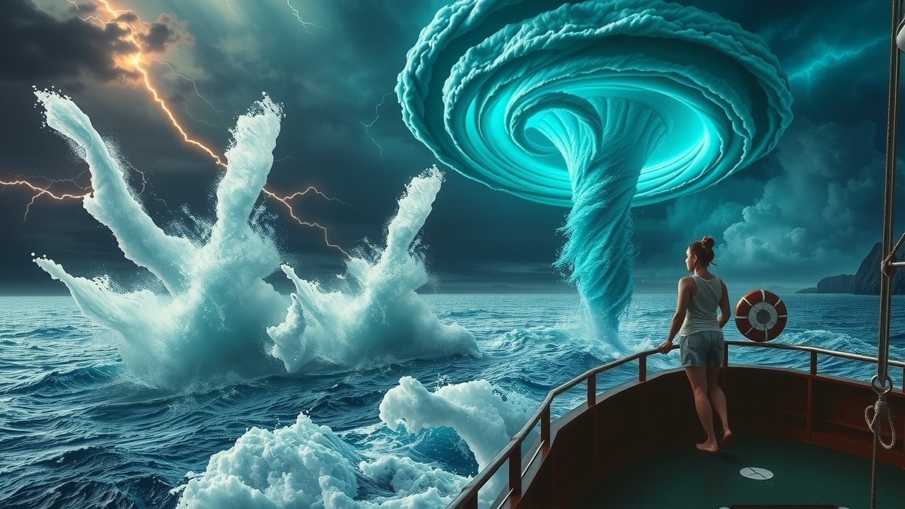 Lone Figure on Boat Facing Massive Whirlpool and Storm
