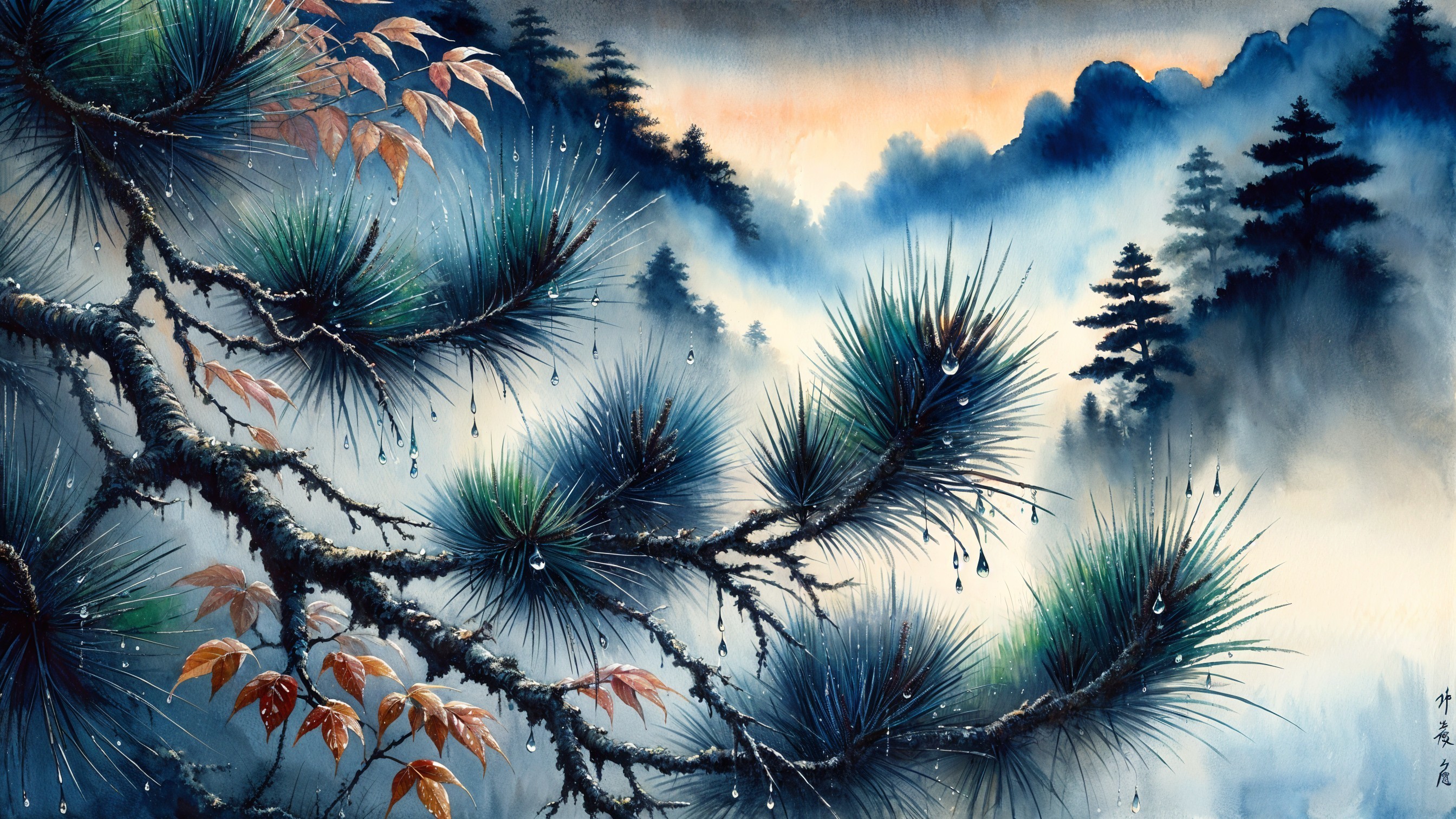 Misty Watercolor Landscape with Pine and Mountains