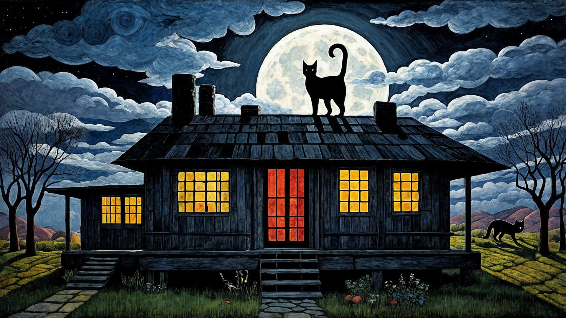 Dark Rustic House with Cats Under Full Moonlight
