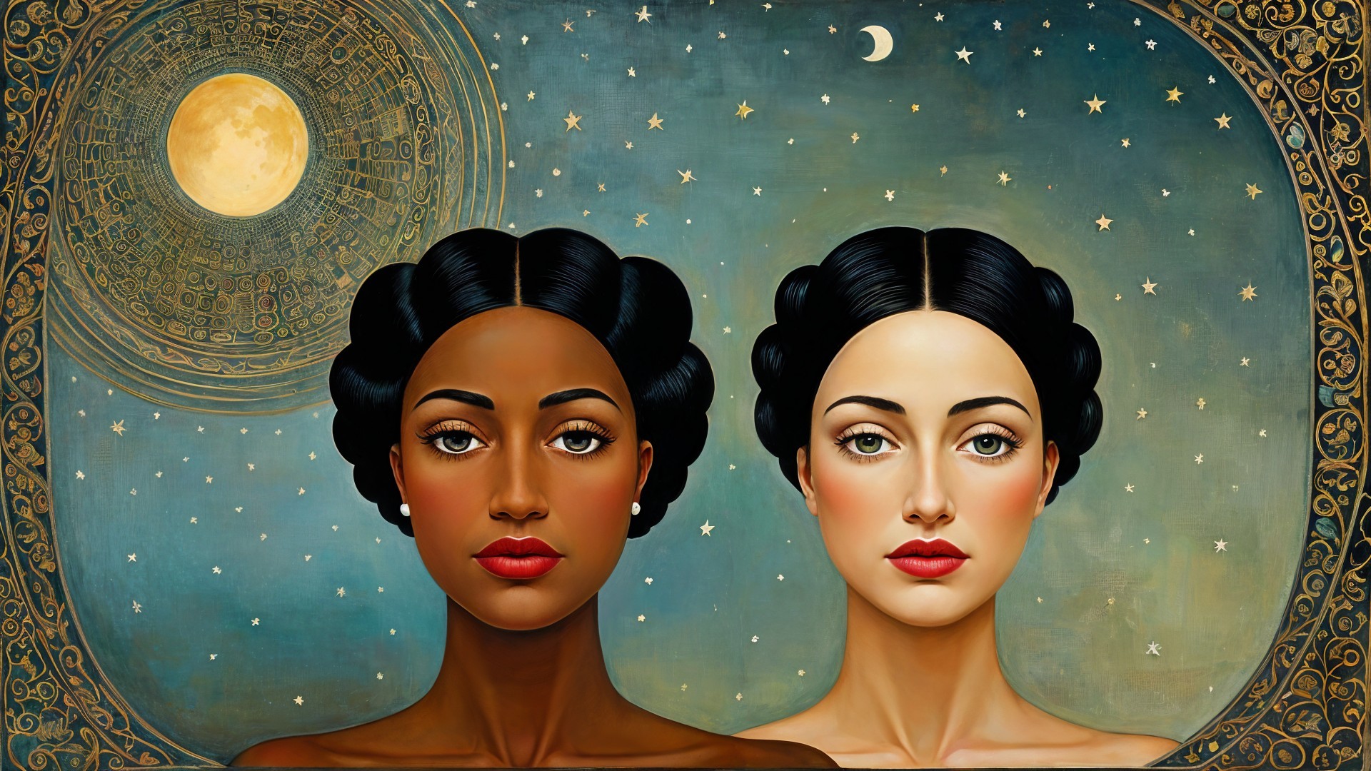 Women with Distinct Features Against Celestial Background