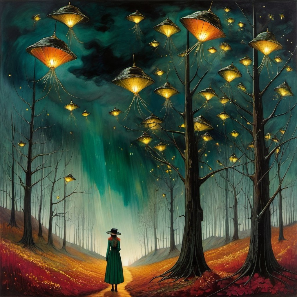 Twilight Scene in a Magical Forest with Lanterns