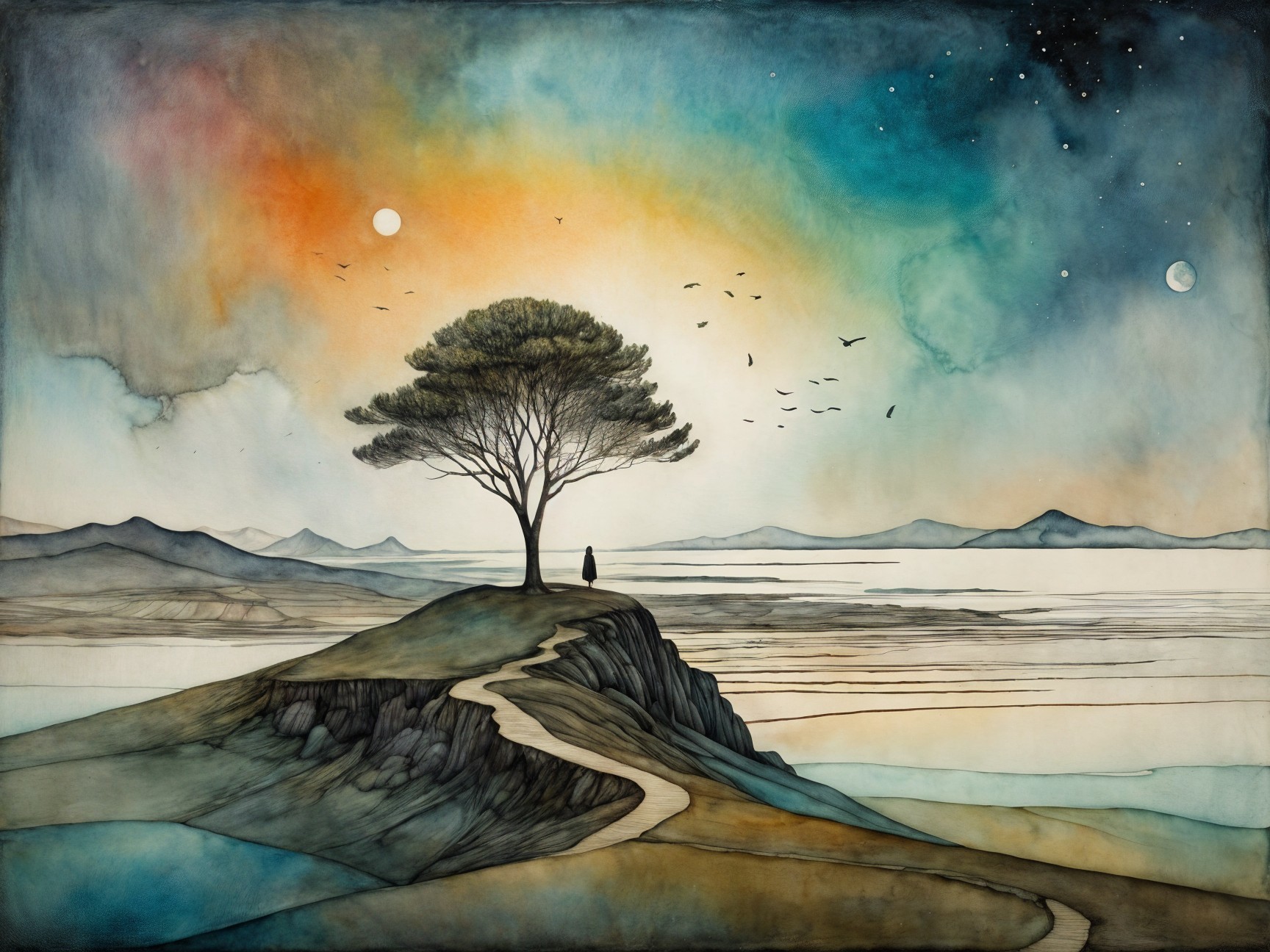 Serene Landscape with Winding Path and Lone Tree