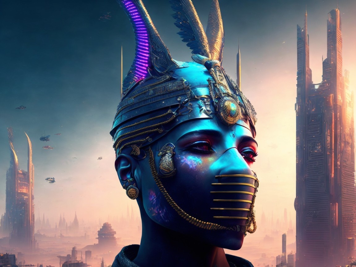 Futuristic figure with ornate helmet and blue skin