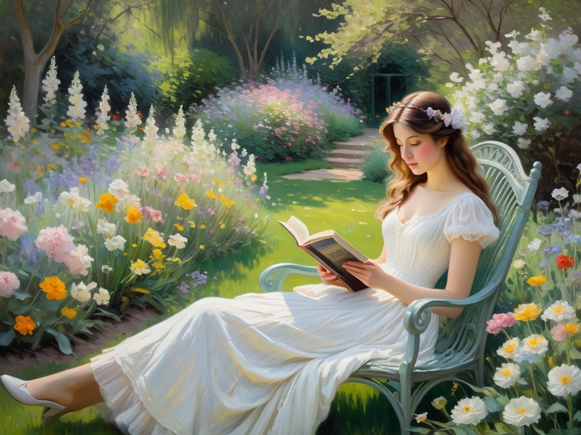 Young Woman Reading in a Serene Garden Setting