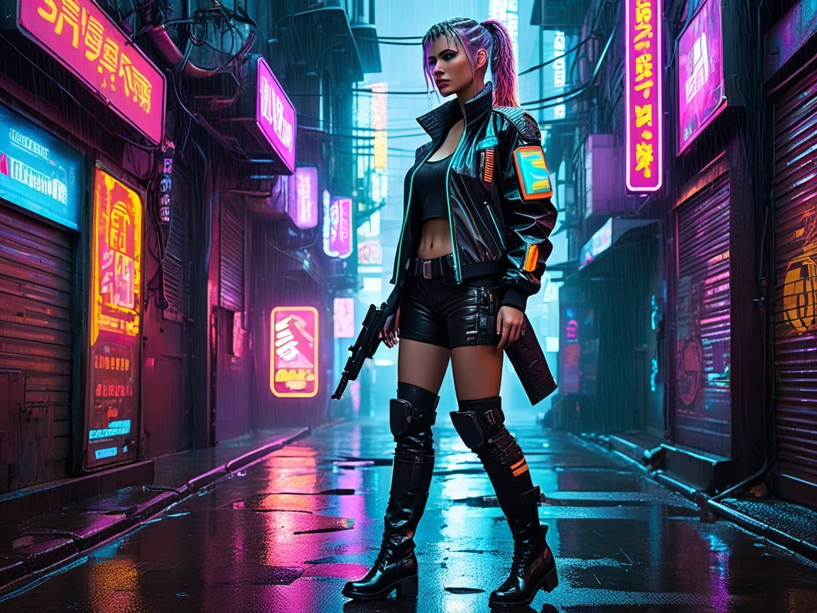 Confident Figure in Neon-Lit Cyberpunk Alleyway