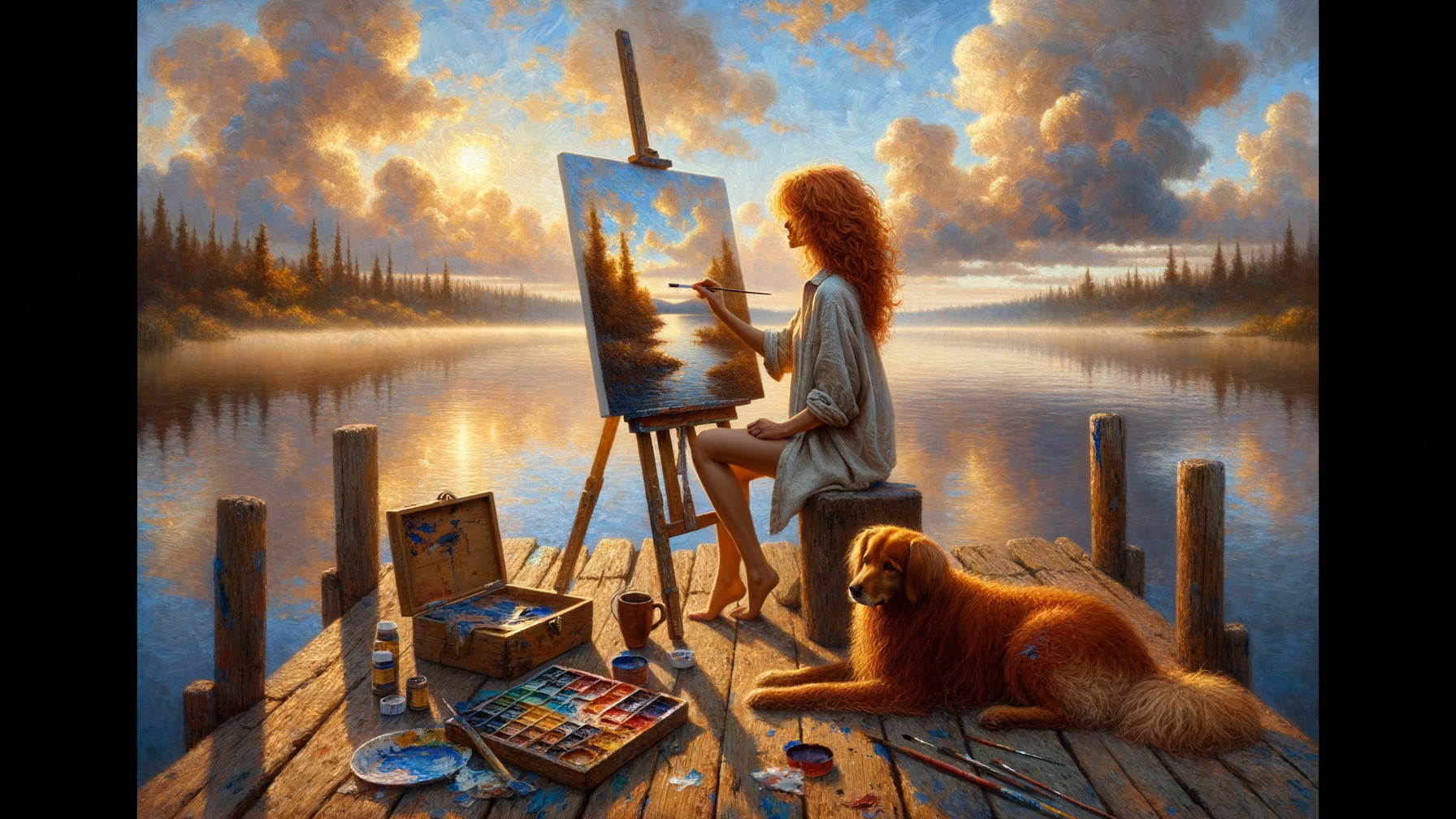 Sunset Landscape Painting by a Lake with a Dog