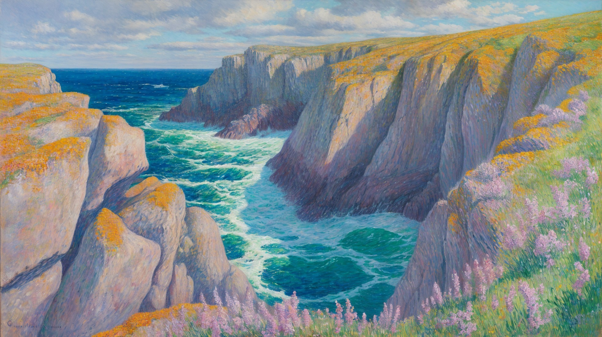 Vibrant Coastal Scene with Cliffs and Wildflowers