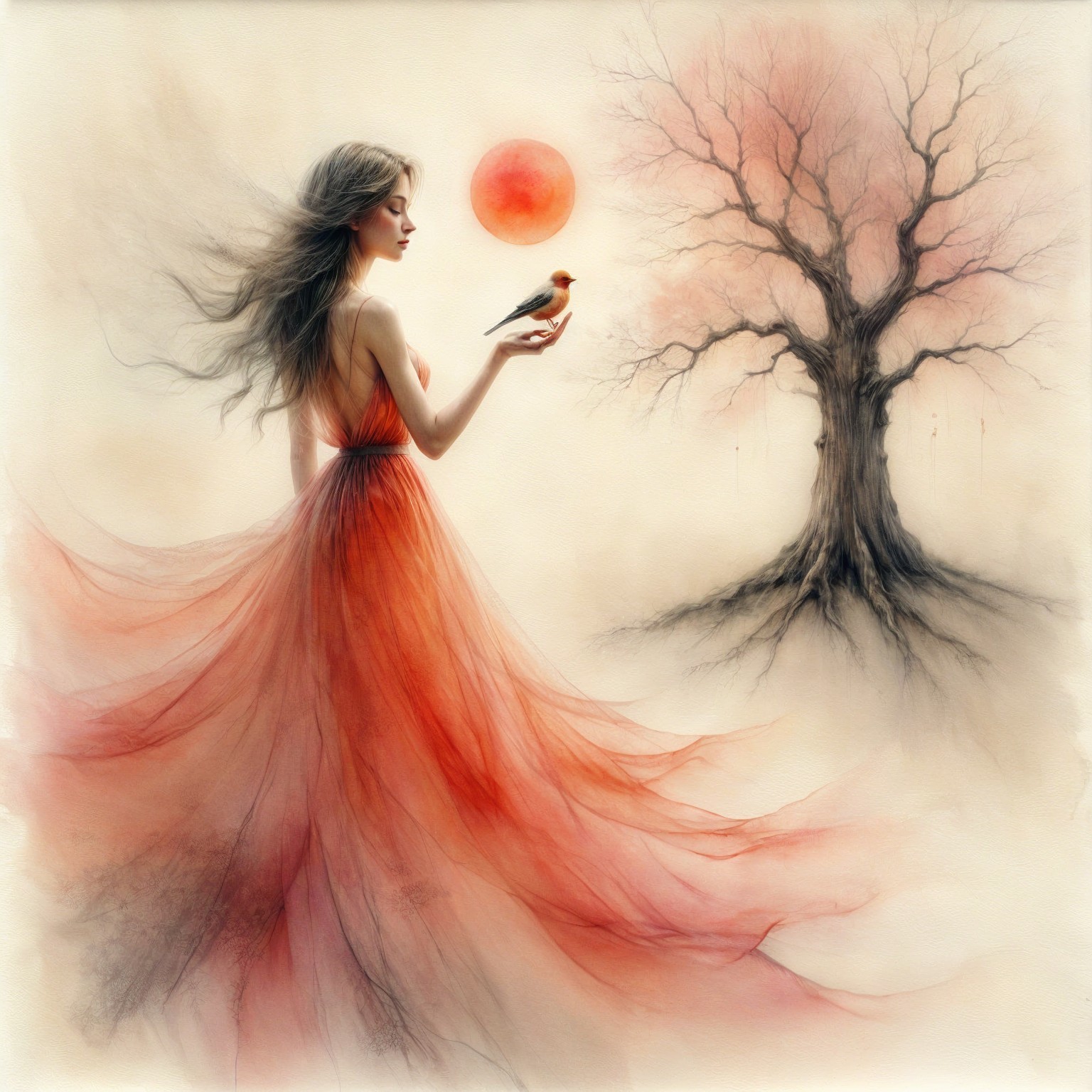 Ethereal Woman in Red Dress with Bird at Sunset