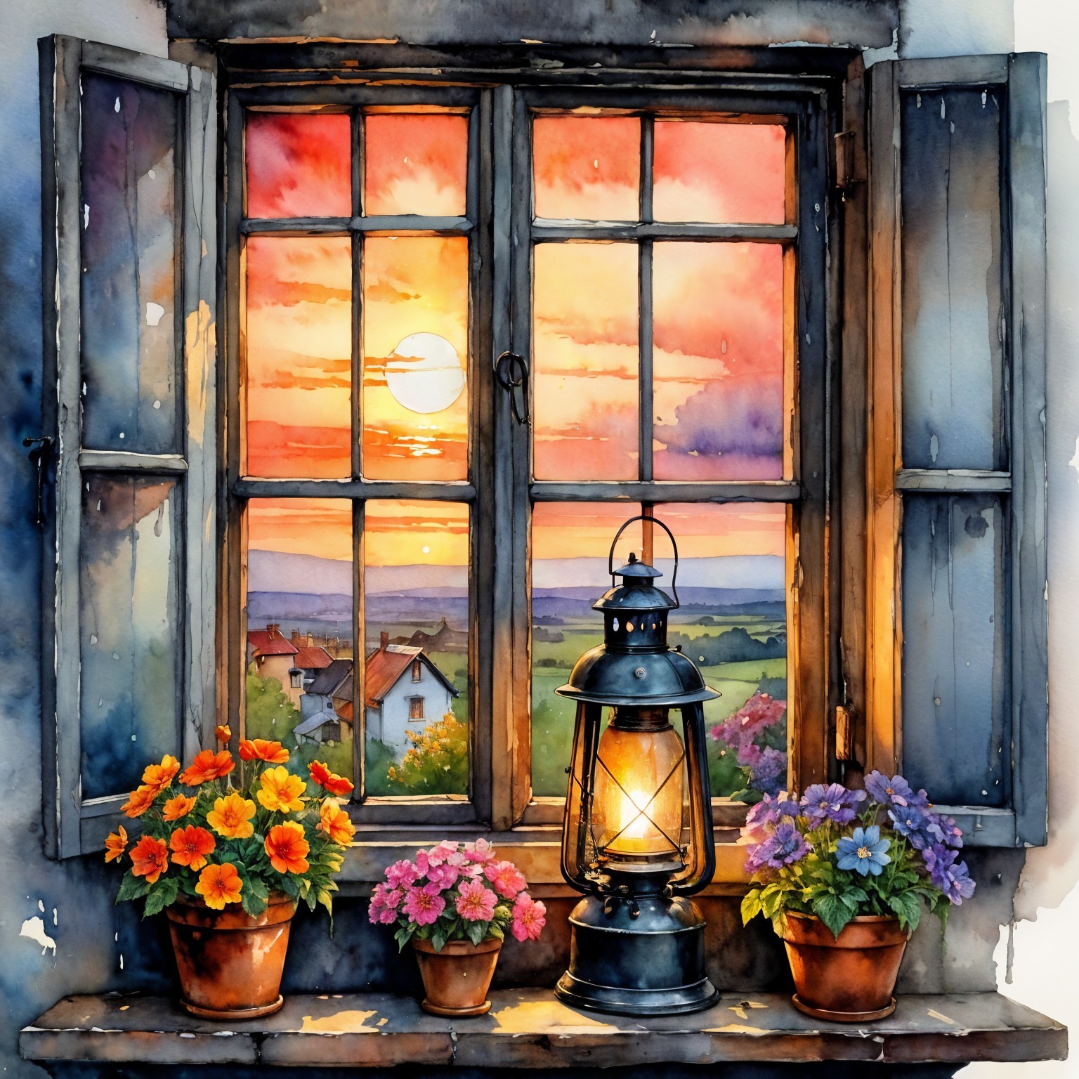 Vibrant Sunset View with Flowers and Lantern Details
