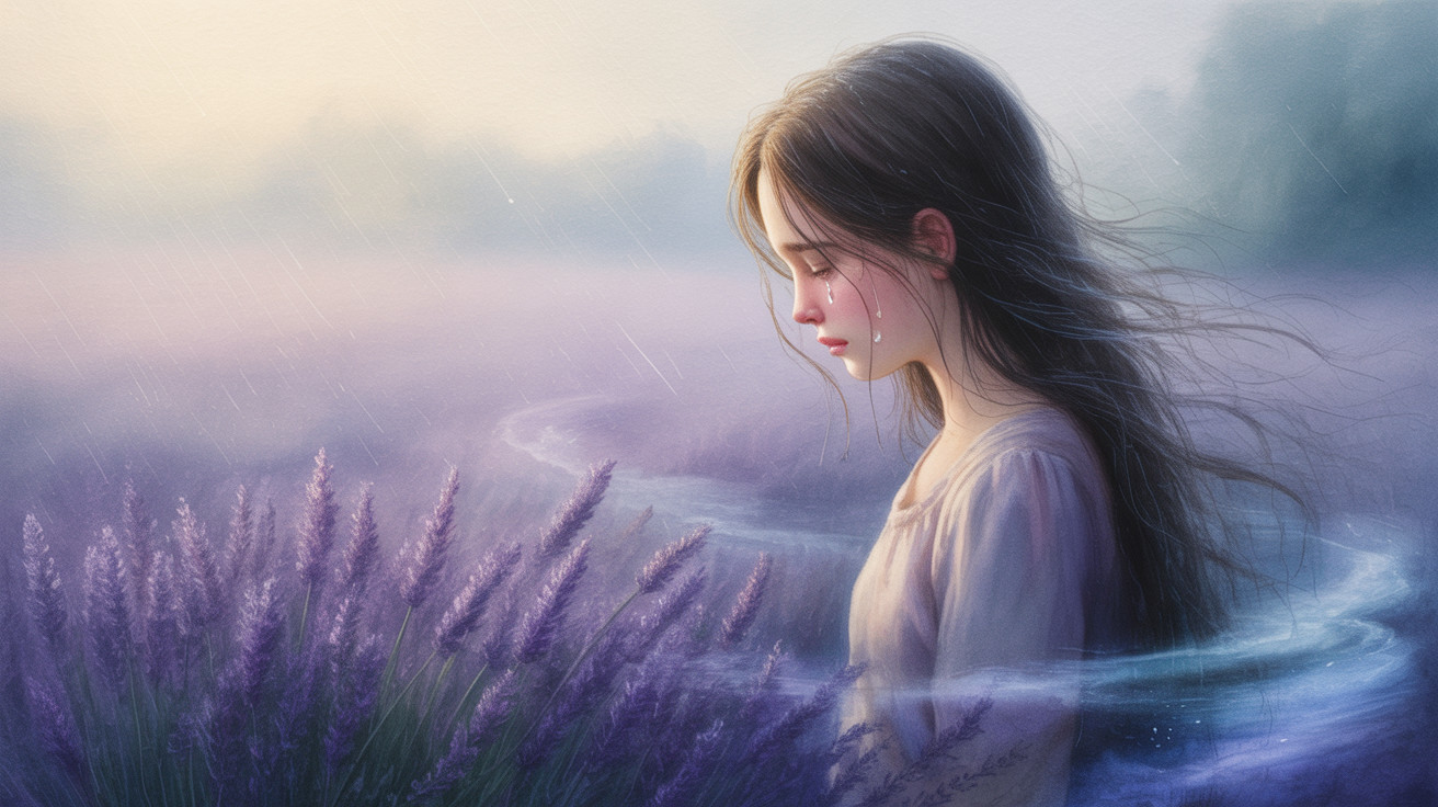 Young girl in blooming lavender fields on a rainy day