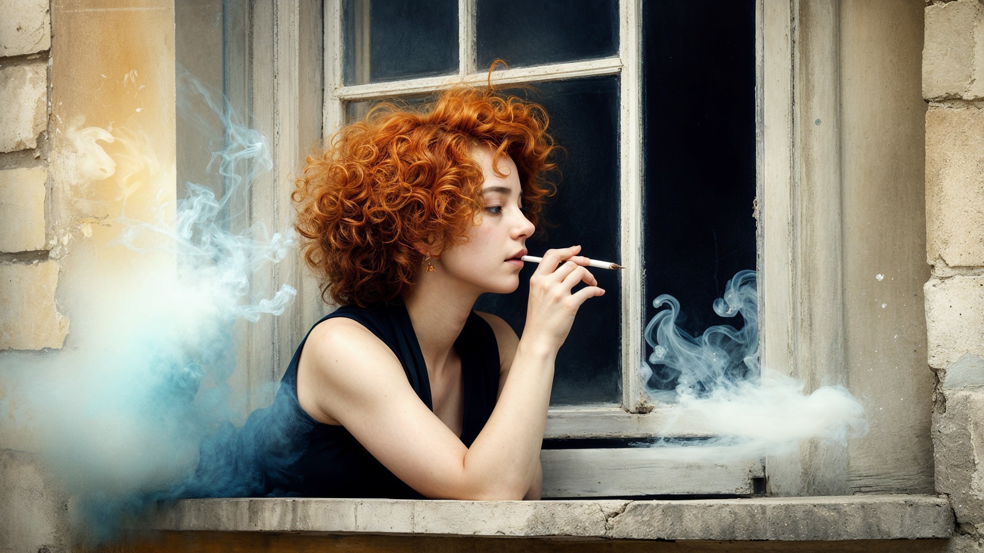 Young woman with red hair smoking by a window