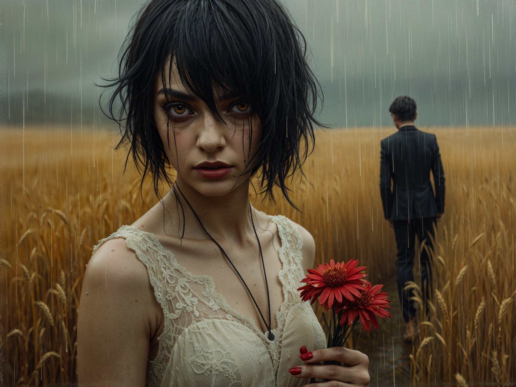 Moody Landscape with Woman and Red Flower