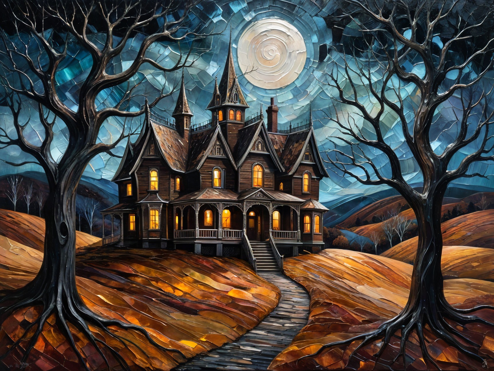 Haunting Mansion Under Full Moon with Autumn Landscape