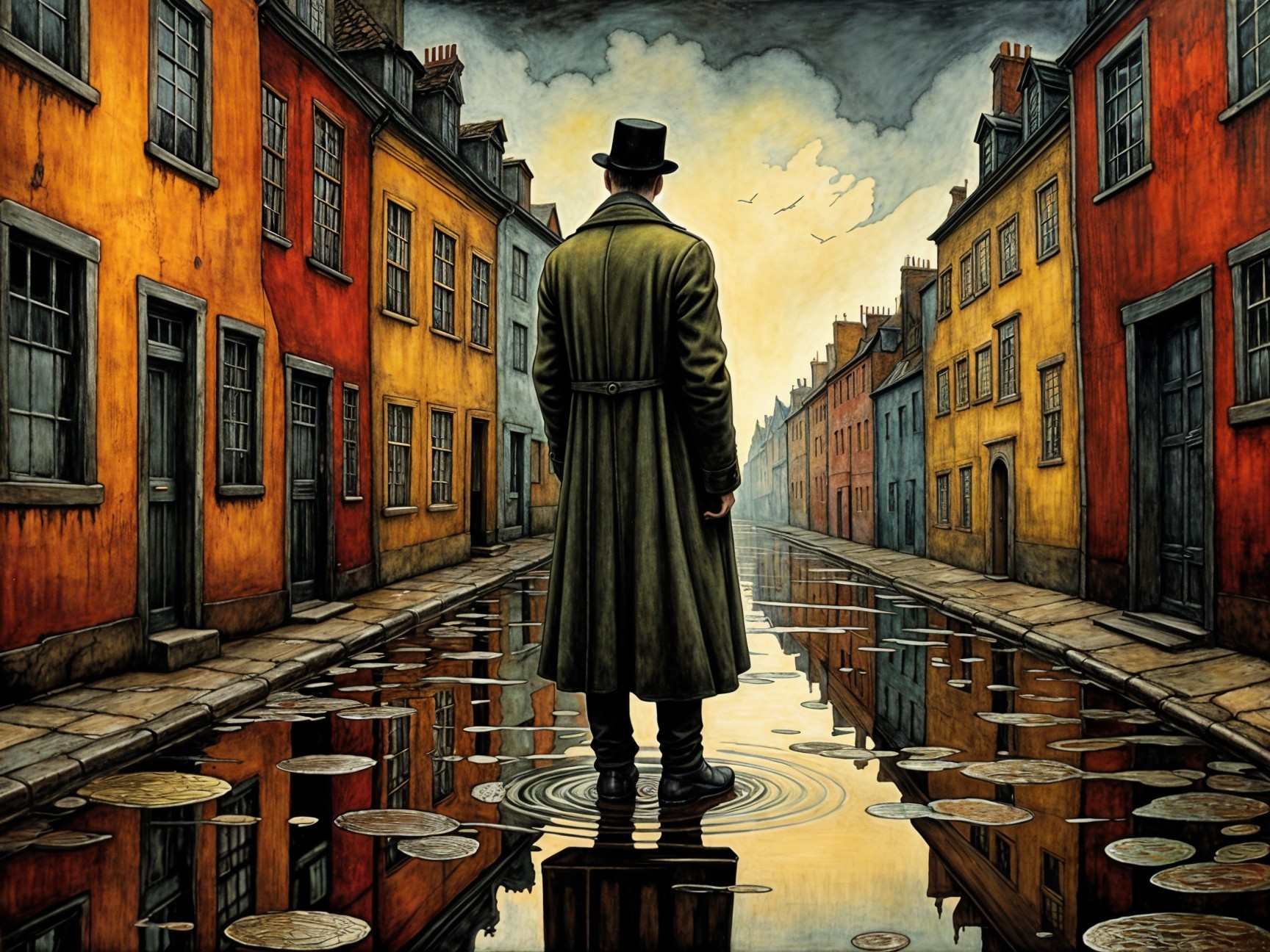 Solitary Figure by Reflective Canal with Colorful Buildings