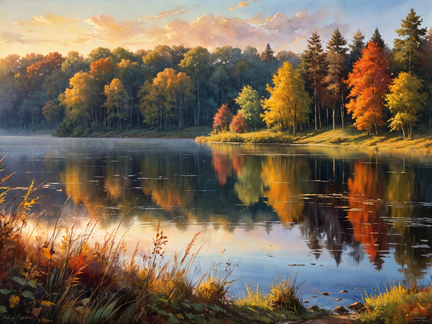Autumn Lakeside Scene with Vibrant Foliage and Mist