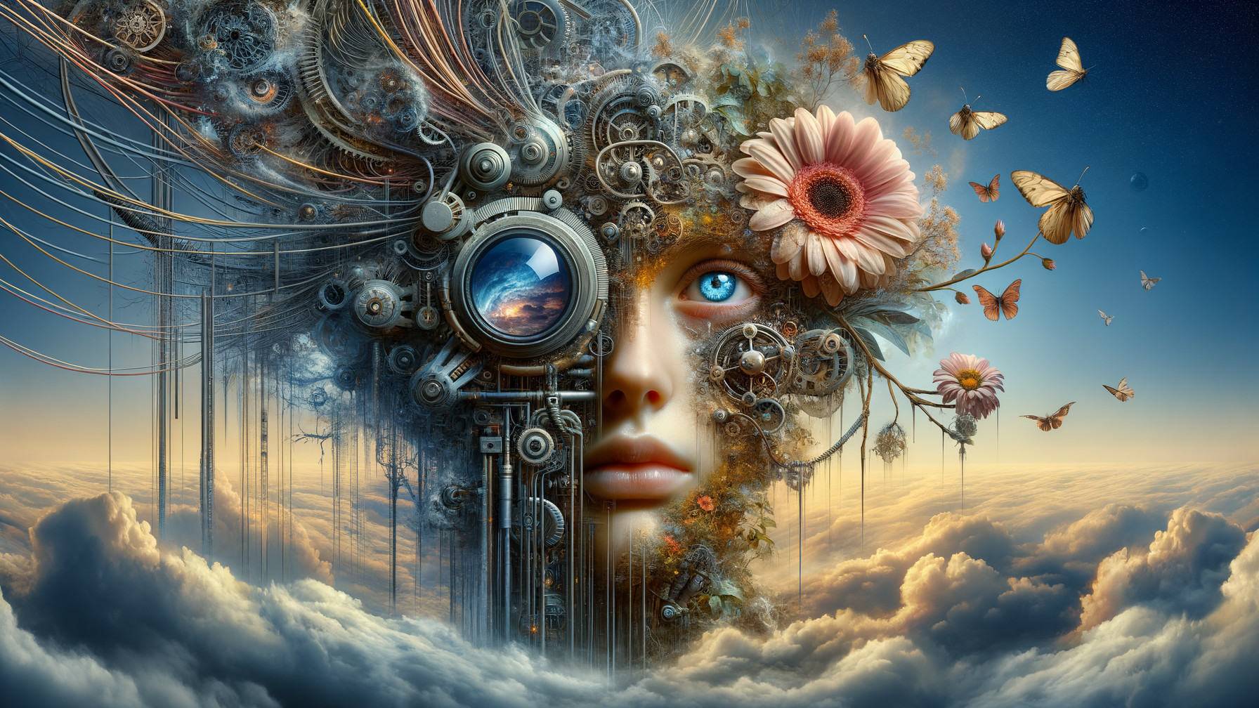 Surreal Human Face Merged with Mechanical Elements