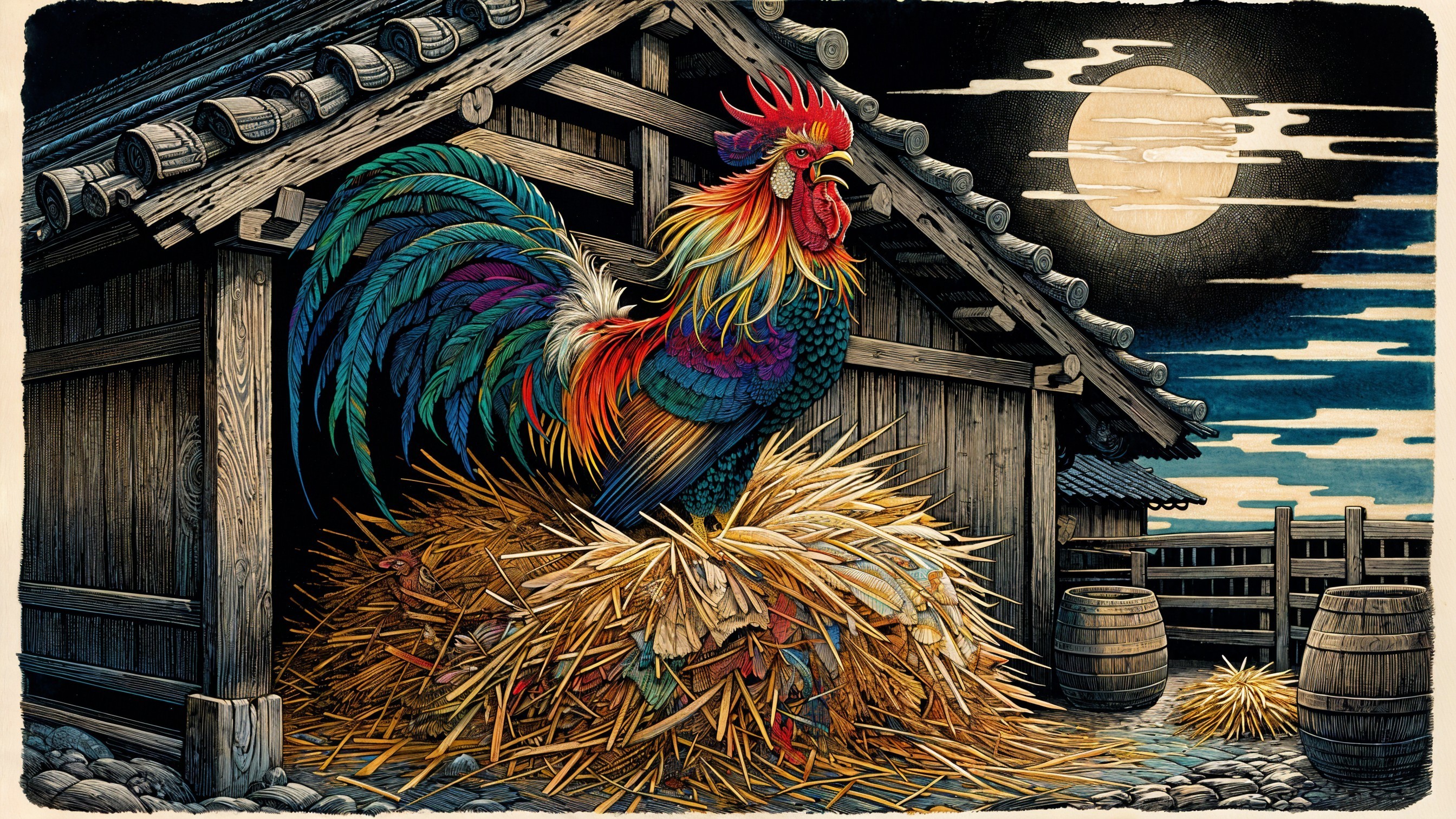 Multicolored Rooster at Japanese Farmhouse by Moonlight