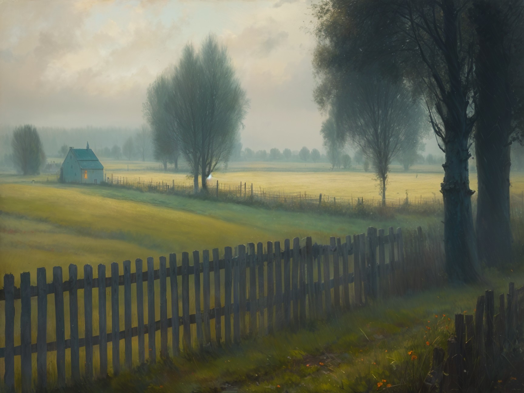 Serene Countryside Scene with Quaint House and Fields