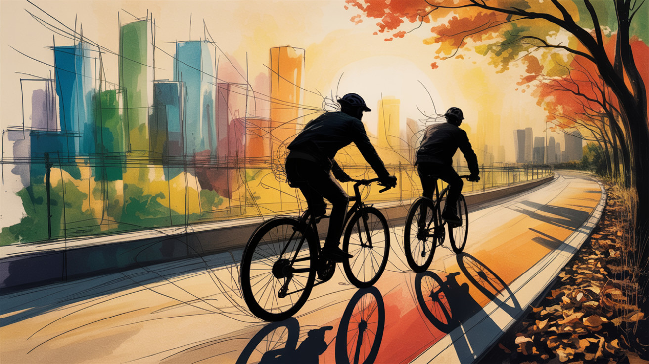 Cyclists Against Sunset Skyline with Autumn Foliage